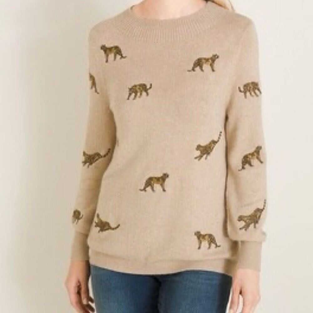 Chico’s Leopard Embroidered Crew Neck Sweater 1/M